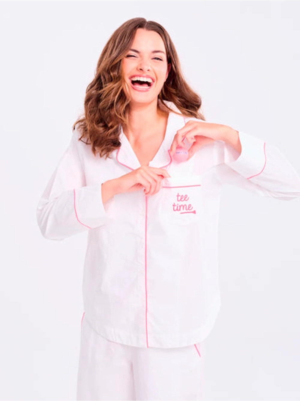 Ame & Lulu Tee Time Golf Pajama Set White Pink Piping Medium M NWT